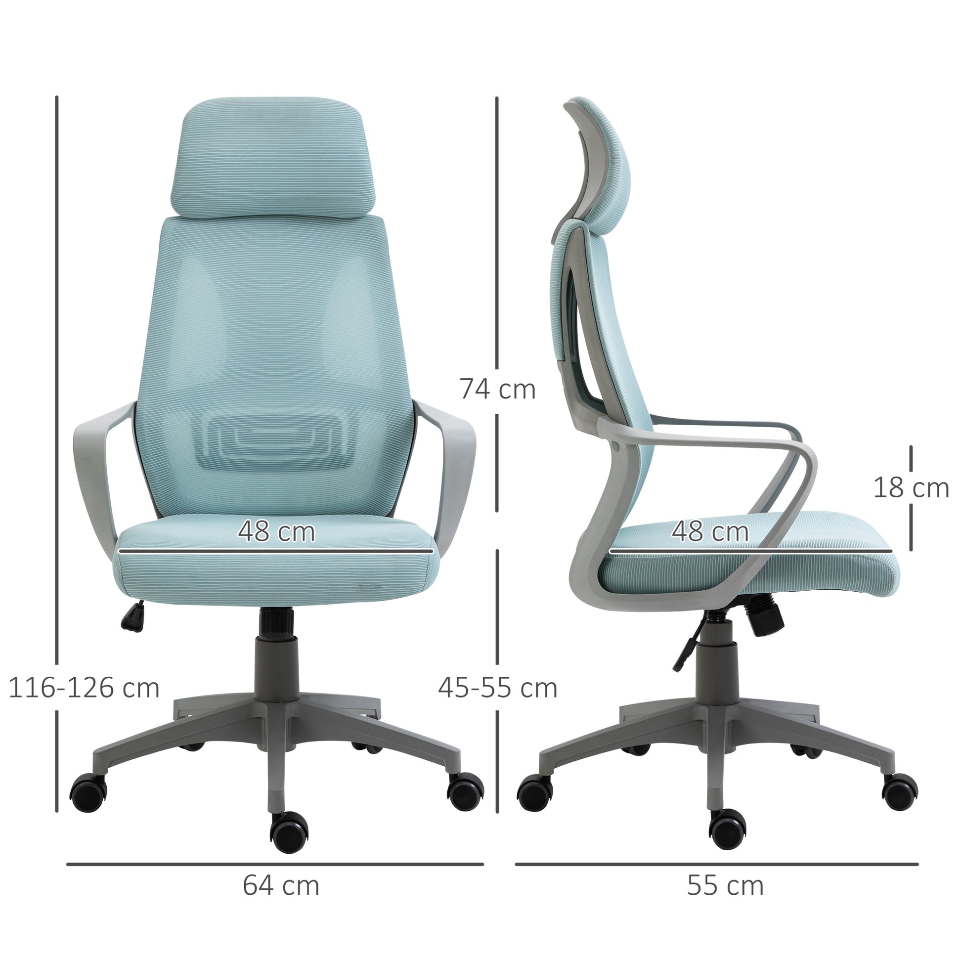 Office Chair Desk Chair Adjustable with Backrest Armrests Headrest Wheels and Rocking Function Load 120 kg 64x55x116-126 cm Blue