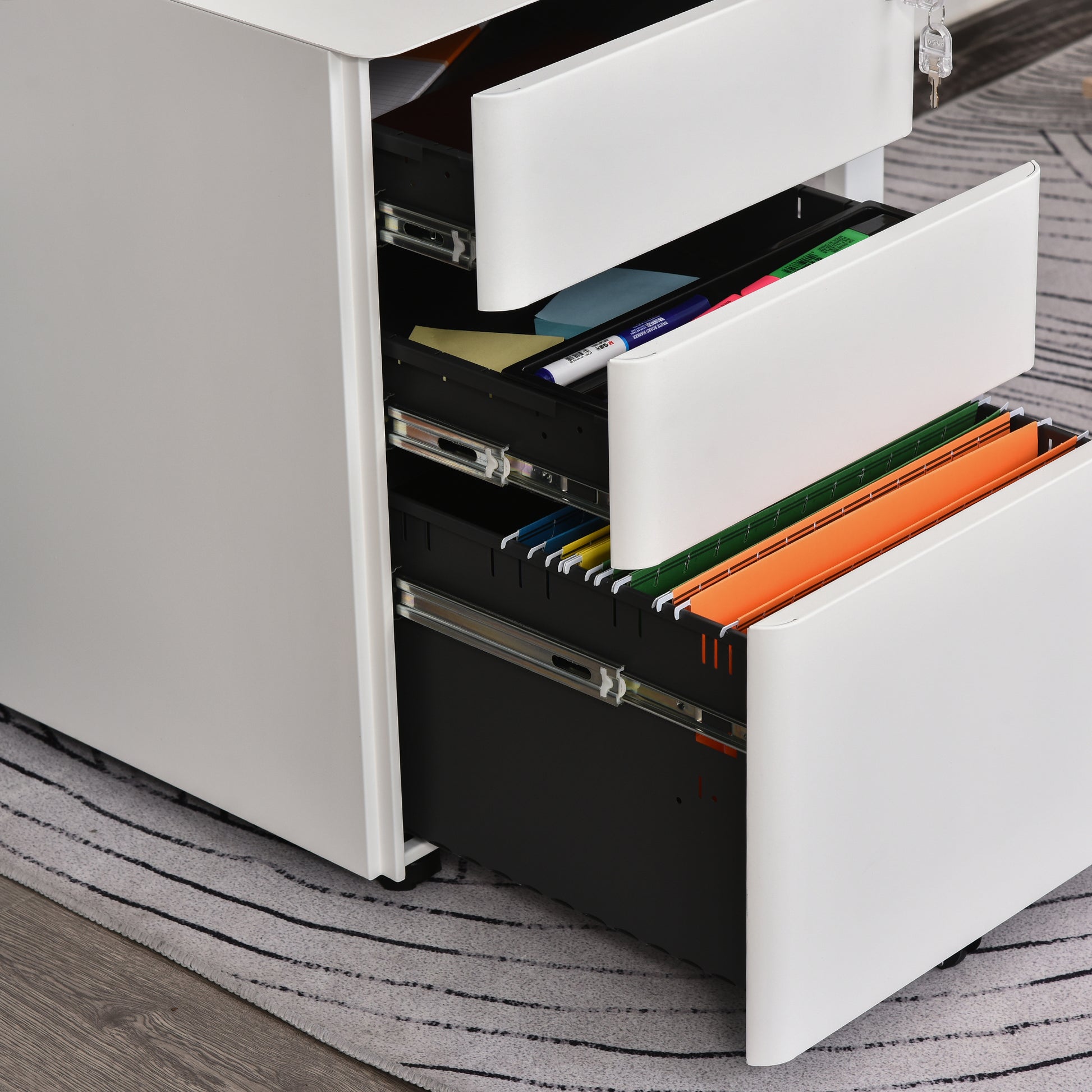 Rolling Container, Mobile Filing Cabinet with 3 Drawers, Lockable Office Cabinet with Hanging File Drawer, Storage, Steel, 39 x 48 x 59 cm White
