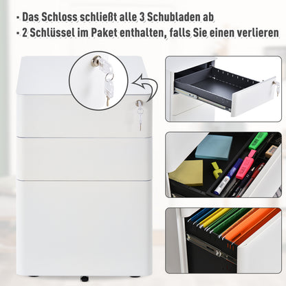 Rolling Container, Mobile Filing Cabinet with 3 Drawers, Lockable Office Cabinet with Hanging File Drawer, Storage, Steel, 39 x 48 x 59 cm White