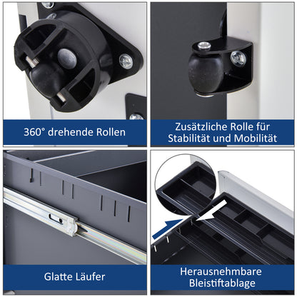 Rolling Container, Mobile Filing Cabinet with 3 Drawers, Lockable Office Cabinet with Hanging File Drawer, Storage, Steel, 39 x 48 x 59 cm White