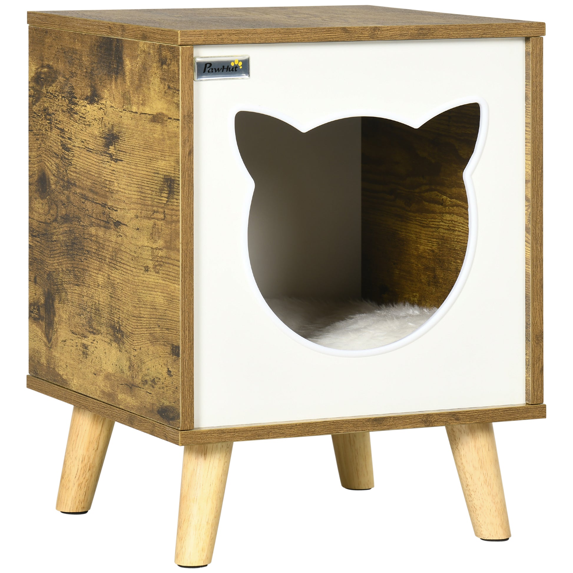 Wooden Cat House Indoor Cat Cave with Washable Cushion and Raised Legs 13.4x13.4x17.5 inches Brown
