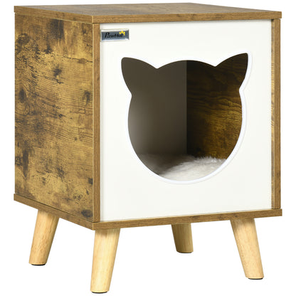 Wooden Cat House Indoor Cat Cave with Washable Cushion and Raised Legs 13.4x13.4x17.5 inches Brown