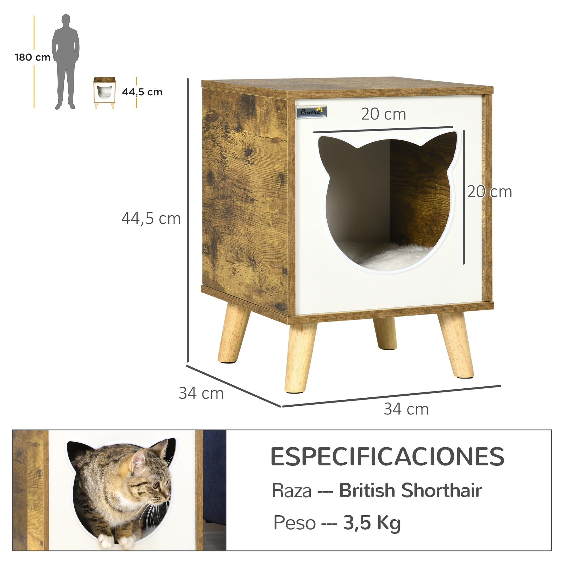 Wooden Cat House Indoor Cat Cave with Washable Cushion and Raised Legs 13.4x13.4x17.5 inches Brown