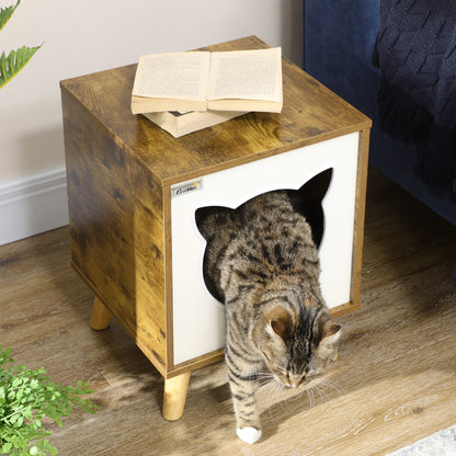 Wooden Cat House Indoor Cat Cave with Washable Cushion and Raised Legs 13.4x13.4x17.5 inches Brown