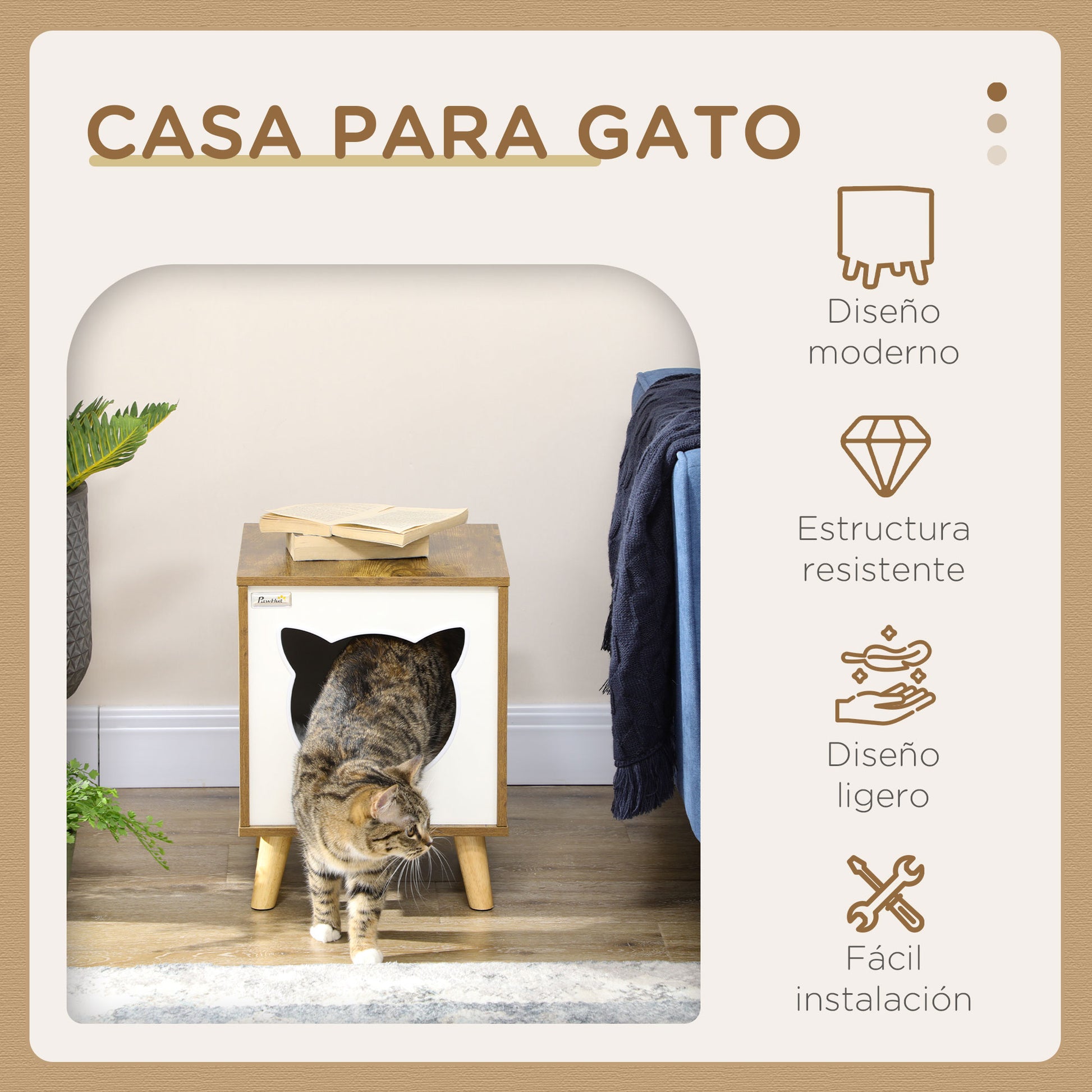 Wooden Cat House Indoor Cat Cave with Washable Cushion and Raised Legs 13.4x13.4x17.5 inches Brown