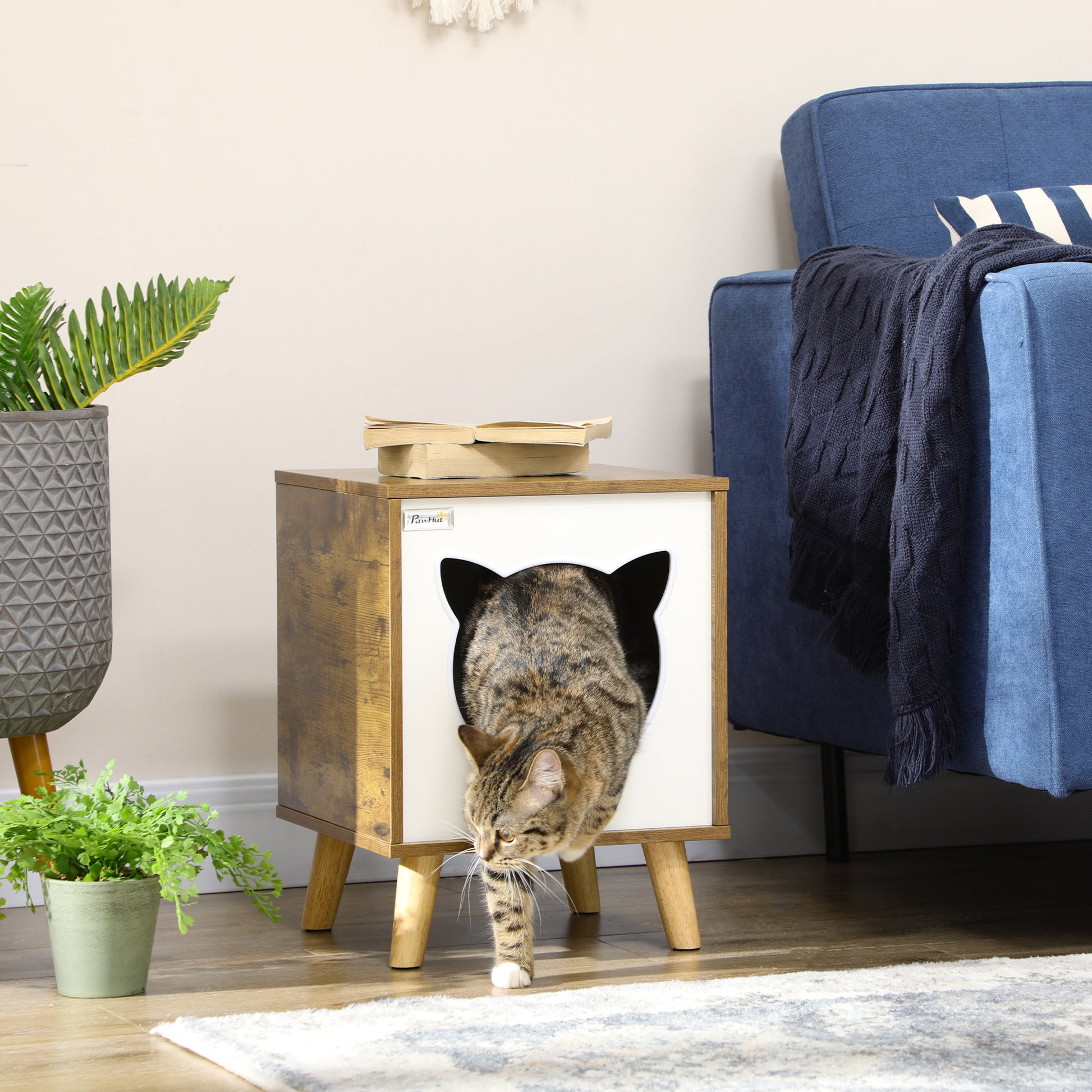 Wooden Cat House Indoor Cat Cave with Washable Cushion and Raised Legs 13.4x13.4x17.5 inches Brown