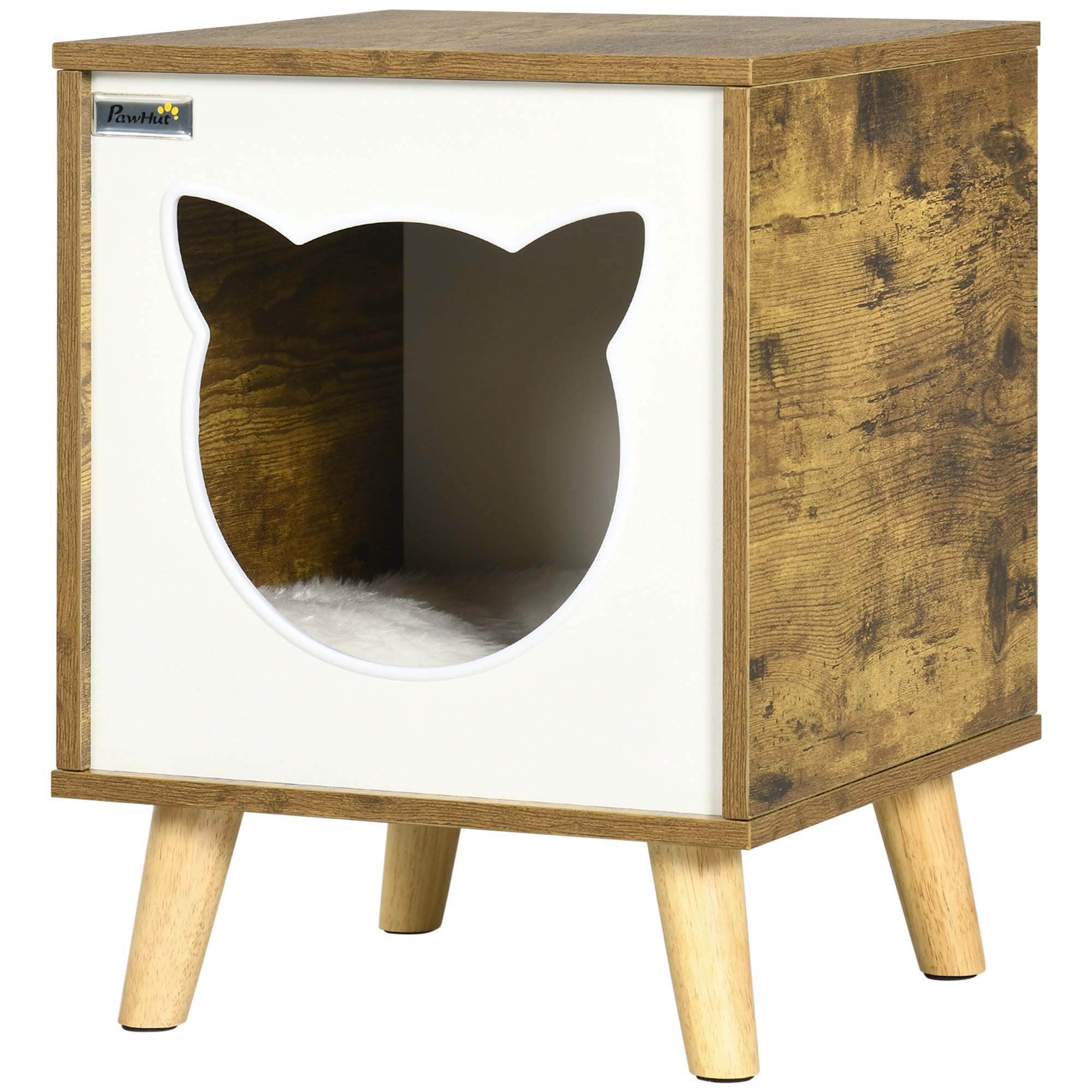 Wooden Cat House Indoor Cat Cave with Washable Cushion and Raised Legs 13.4x13.4x17.5 inches Brown