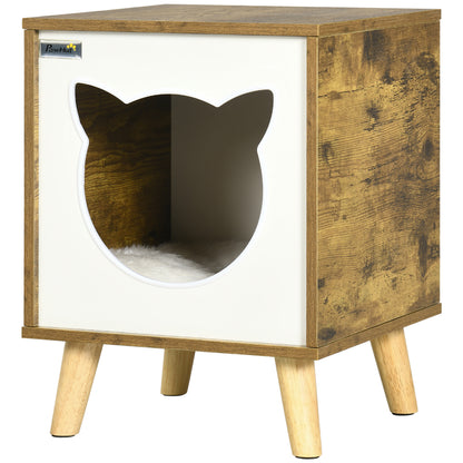 Wooden Cat House Indoor Cat Cave with Washable Cushion and Raised Legs 13.4x13.4x17.5 inches Brown