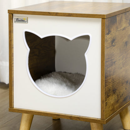 Wooden Cat House Indoor Cat Cave with Washable Cushion and Raised Legs 13.4x13.4x17.5 inches Brown