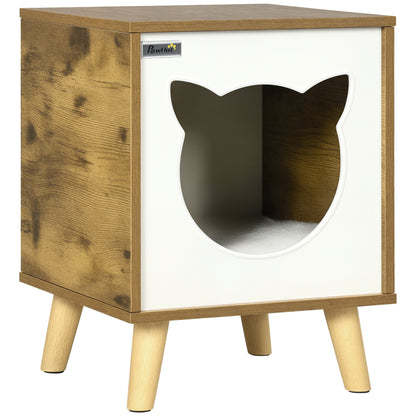 Wooden Cat House Indoor Cat Cave with Washable Cushion and Raised Legs 13.4x13.4x17.5 inches Brown