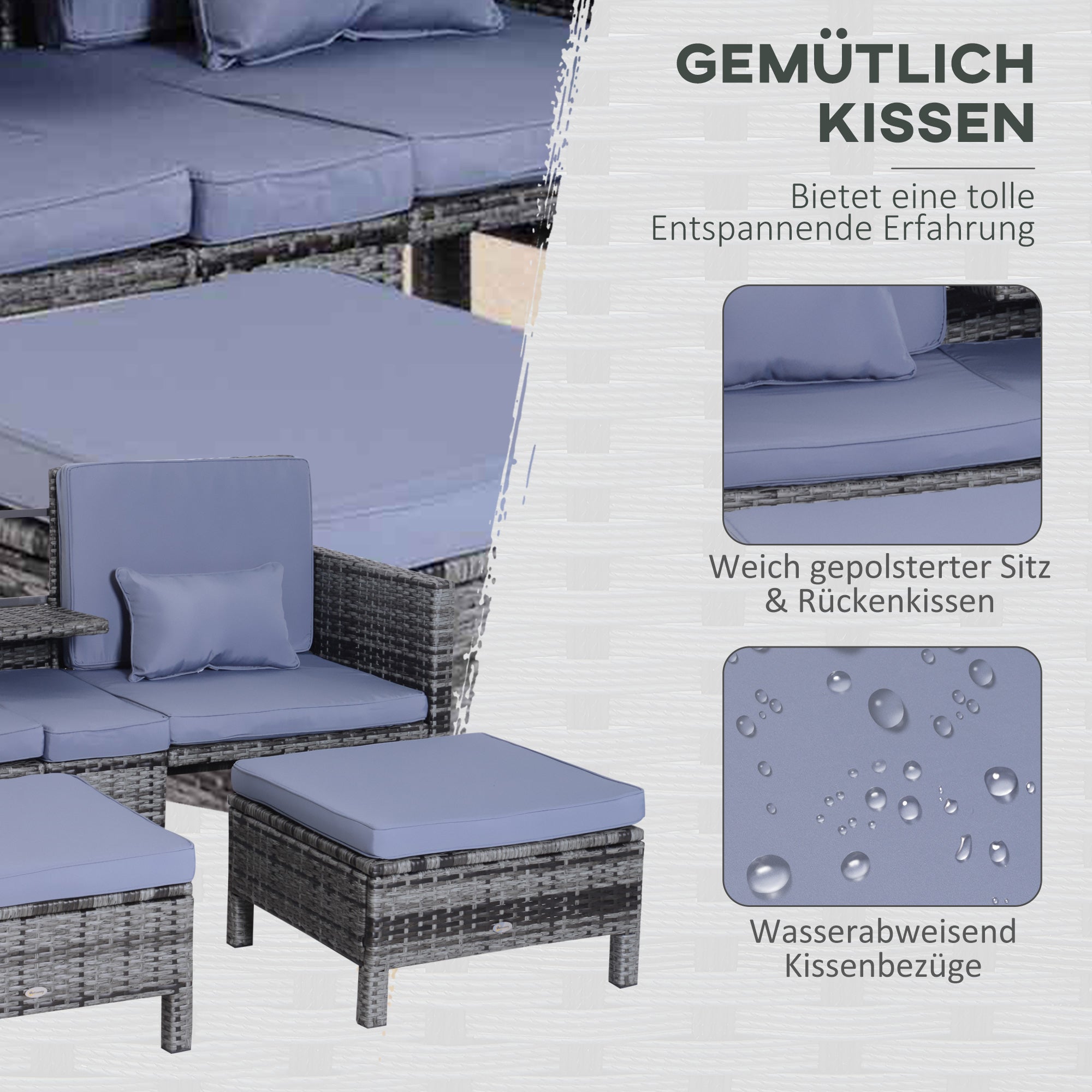 3 Piece Garden Sofa Patio Furniture Lounge Set Rattan Furniture Grey Poly Rattan + Metal 2-Seater Sofa 2 x Ottoman Cushions