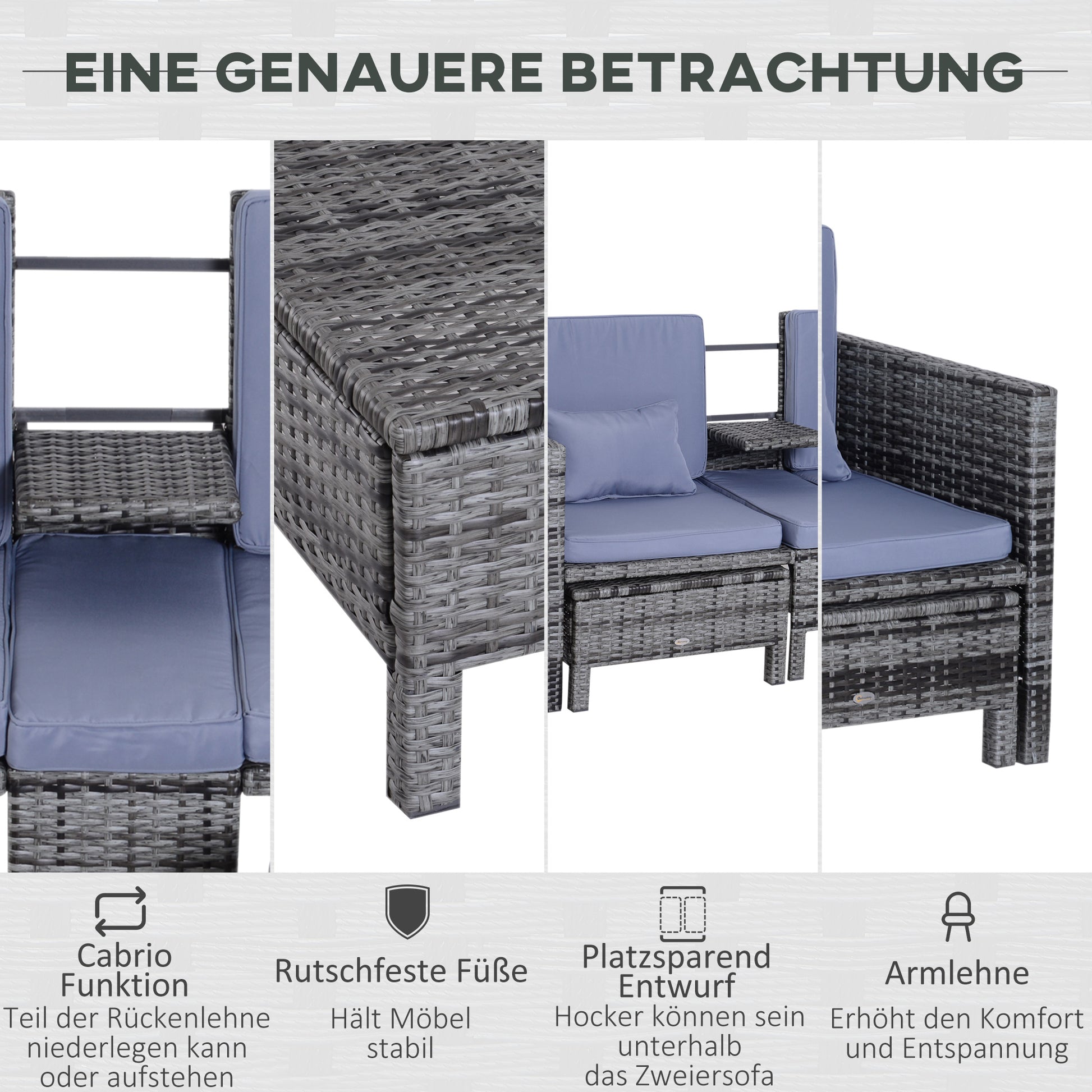 3 Piece Garden Sofa Patio Furniture Lounge Set Rattan Furniture Grey Poly Rattan + Metal 2-Seater Sofa 2 x Ottoman Cushions