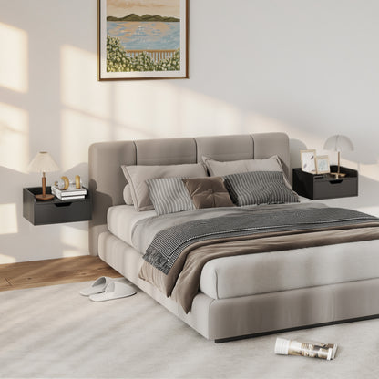 Set of 2 Floating Wall Nightstands with Sliding Drawer & Top Shelf, Black — 15.7 x 11.8 x 7.7 in (40 x 30 x 19.5 cm)