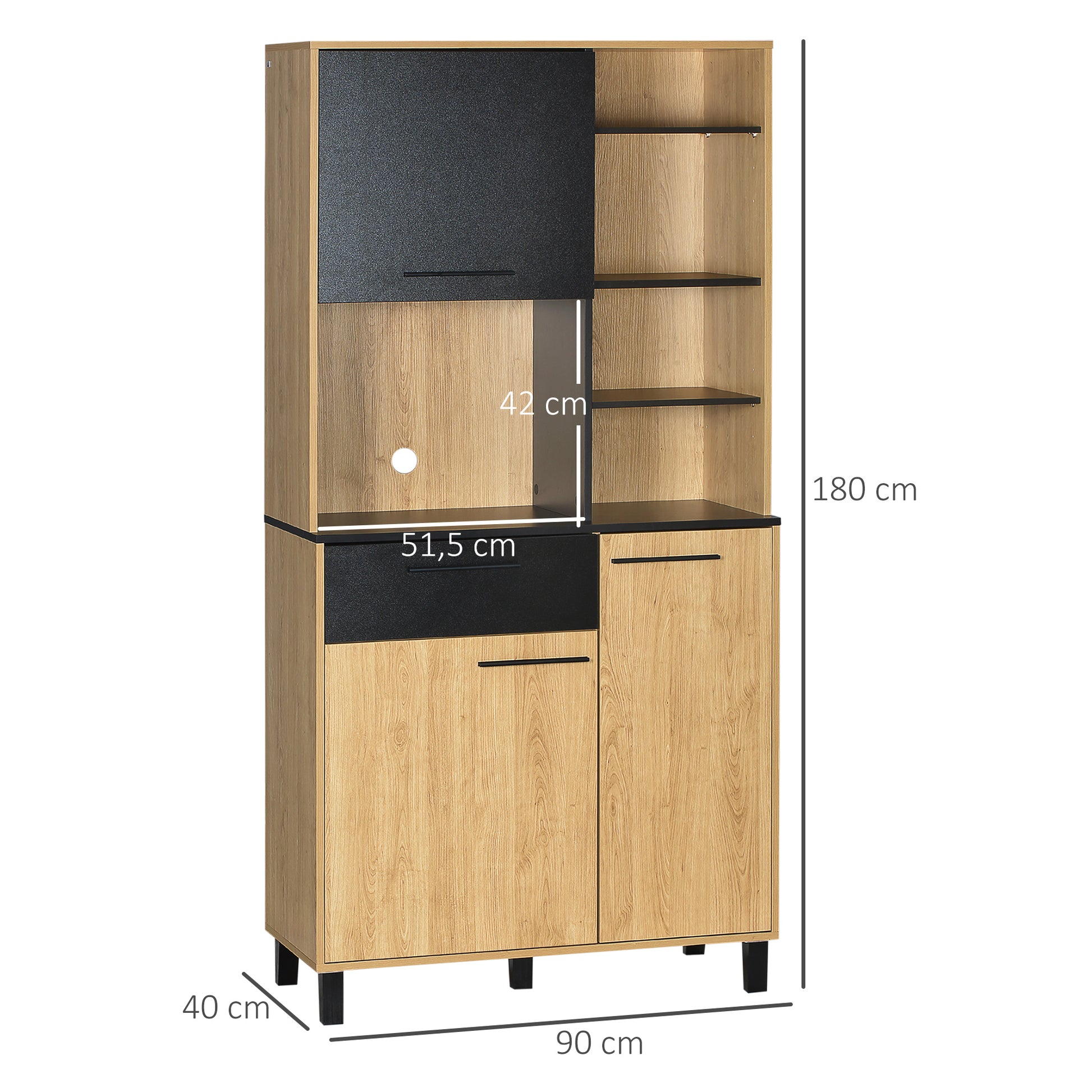 Kitchen Buffet Cabinet with Multi-Storage, 1 Drawer, 3 Cupboards, 4 Shelves, and Cable Management, 180 cm Height