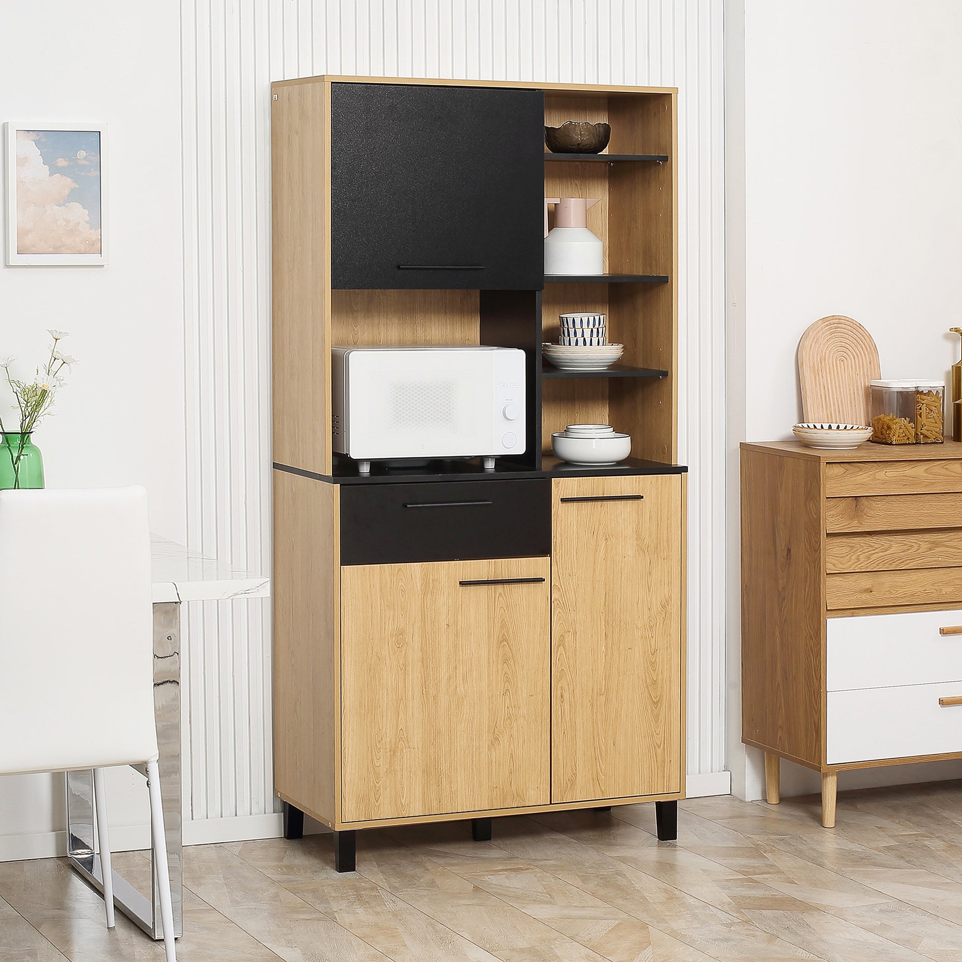 Kitchen Buffet Cabinet with Multi-Storage, 1 Drawer, 3 Cupboards, 4 Shelves, and Cable Management, 180 cm Height
