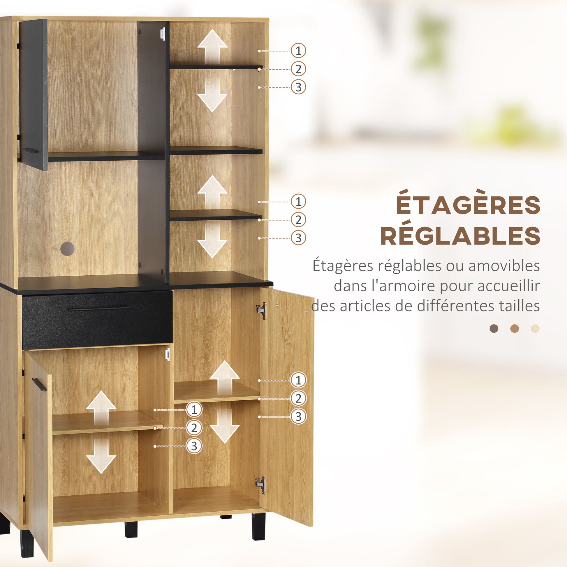 Kitchen Buffet Cabinet with Multi-Storage, 1 Drawer, 3 Cupboards, 4 Shelves, and Cable Management, 180 cm Height