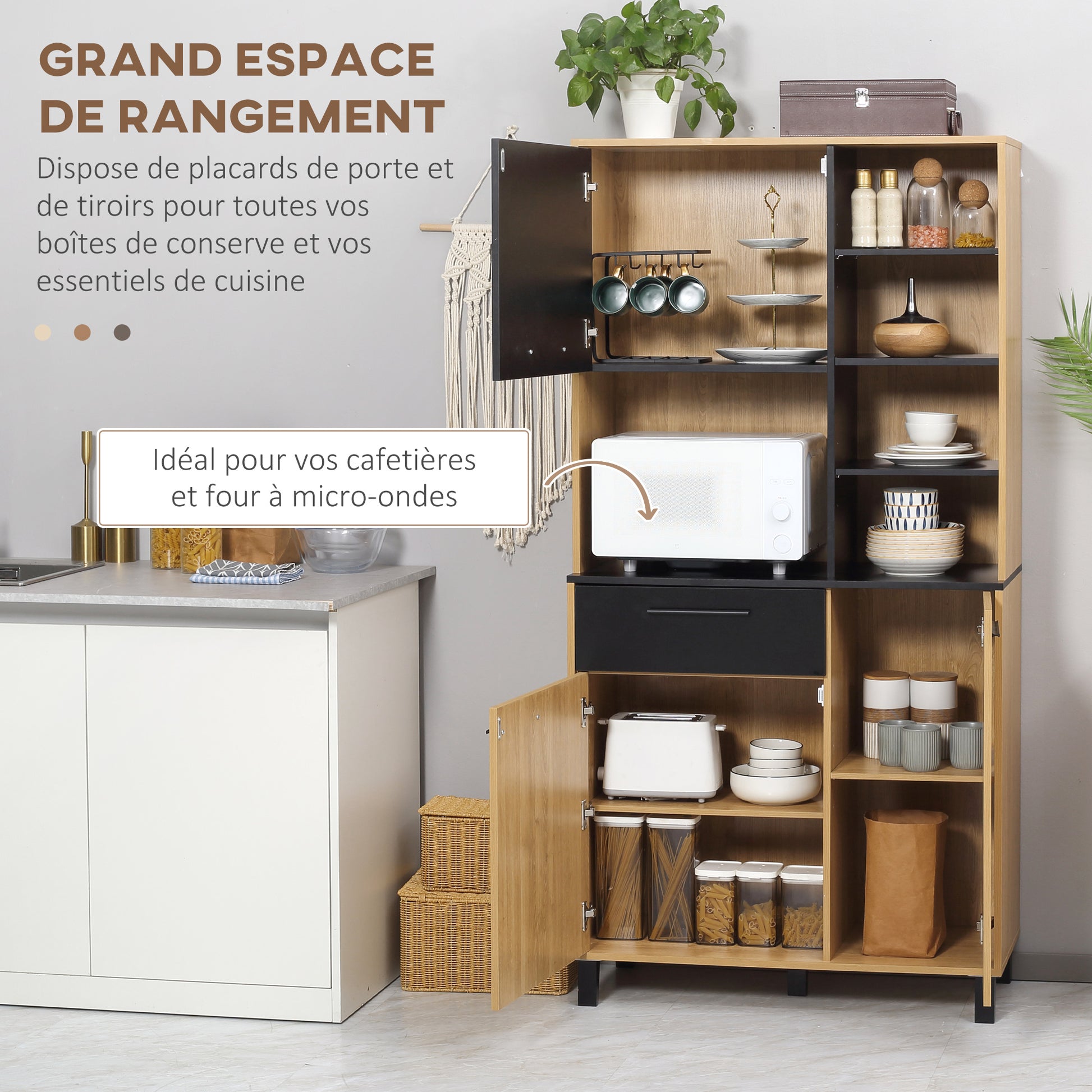 Kitchen Buffet Cabinet with Multi-Storage, 1 Drawer, 3 Cupboards, 4 Shelves, and Cable Management, 180 cm Height