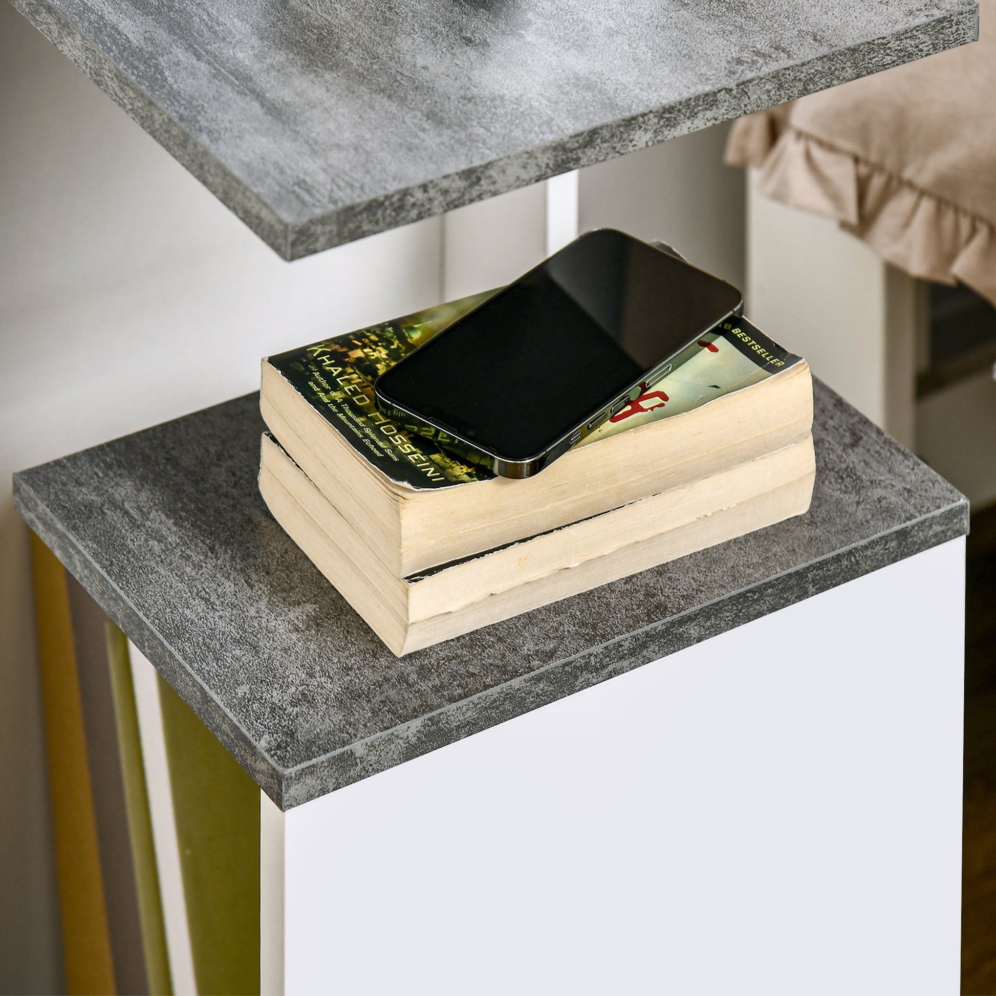 Bedside Table Nightstand Side Table with 2 Storage Shelves for Bedroom Living Room Bed Office Modern Style 35x29.5x60 cm Gray and White