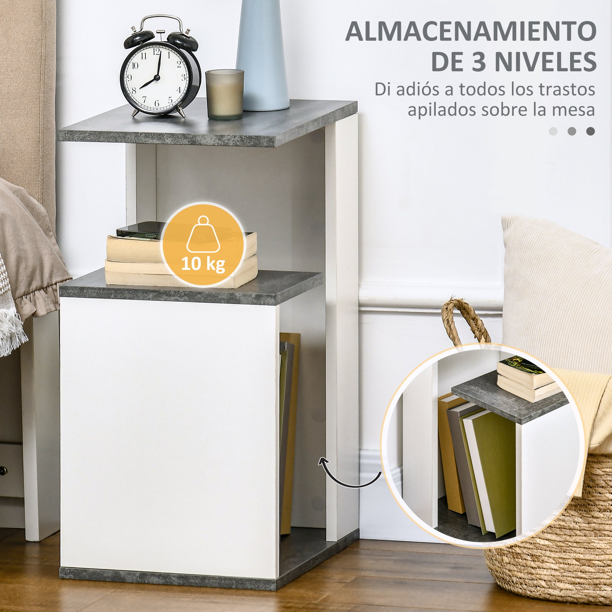 Bedside Table Nightstand Side Table with 2 Storage Shelves for Bedroom Living Room Bed Office Modern Style 35x29.5x60 cm Gray and White