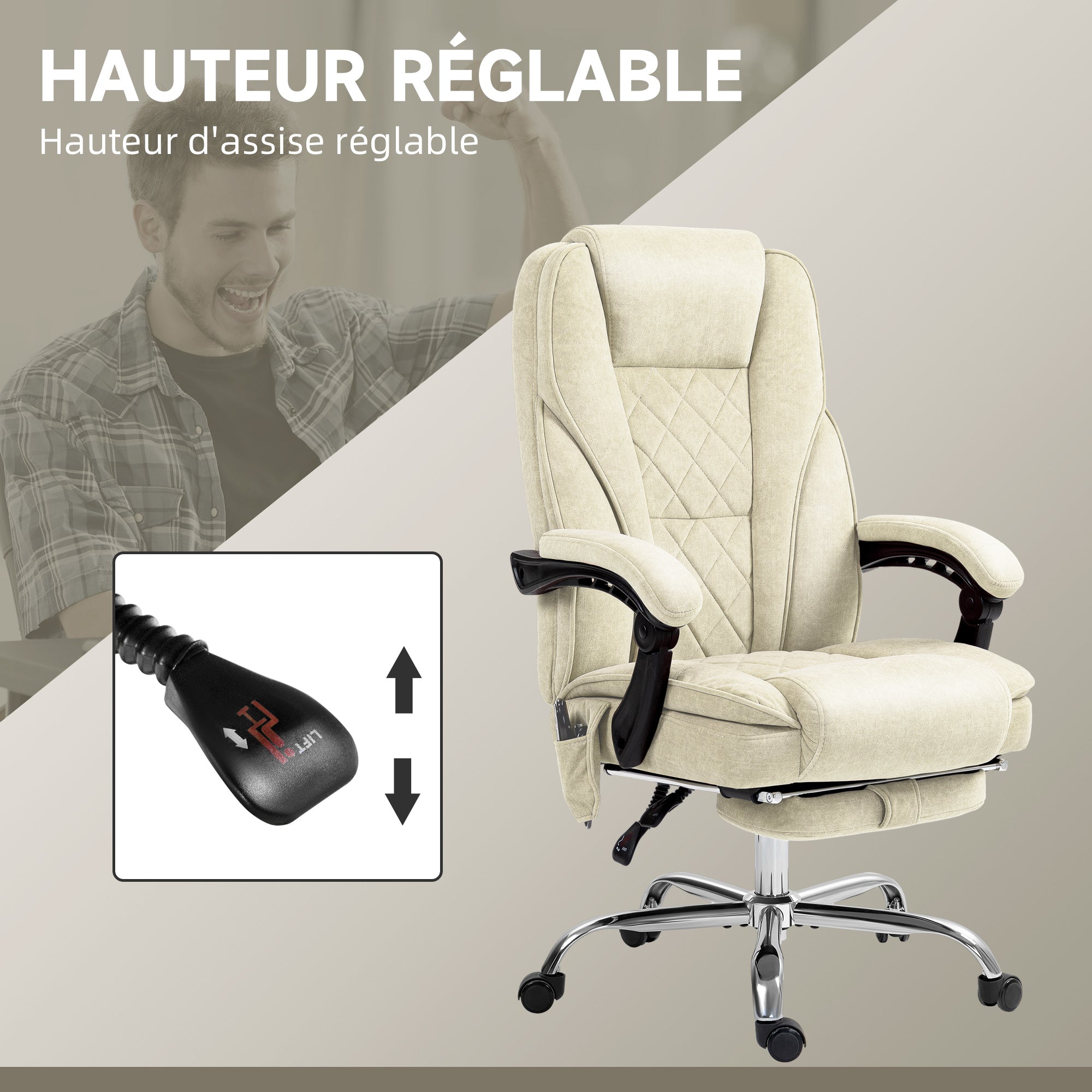 Massage and Heating Office Chair Ergonomic Computer Chair with Adjustable Height Reclining Backrest Wired Remote Retractable Footrest 360° Swivel Beige