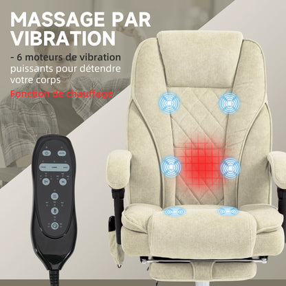 Massage and Heating Office Chair Ergonomic Computer Chair with Adjustable Height Reclining Backrest Wired Remote Retractable Footrest 360° Swivel Beige