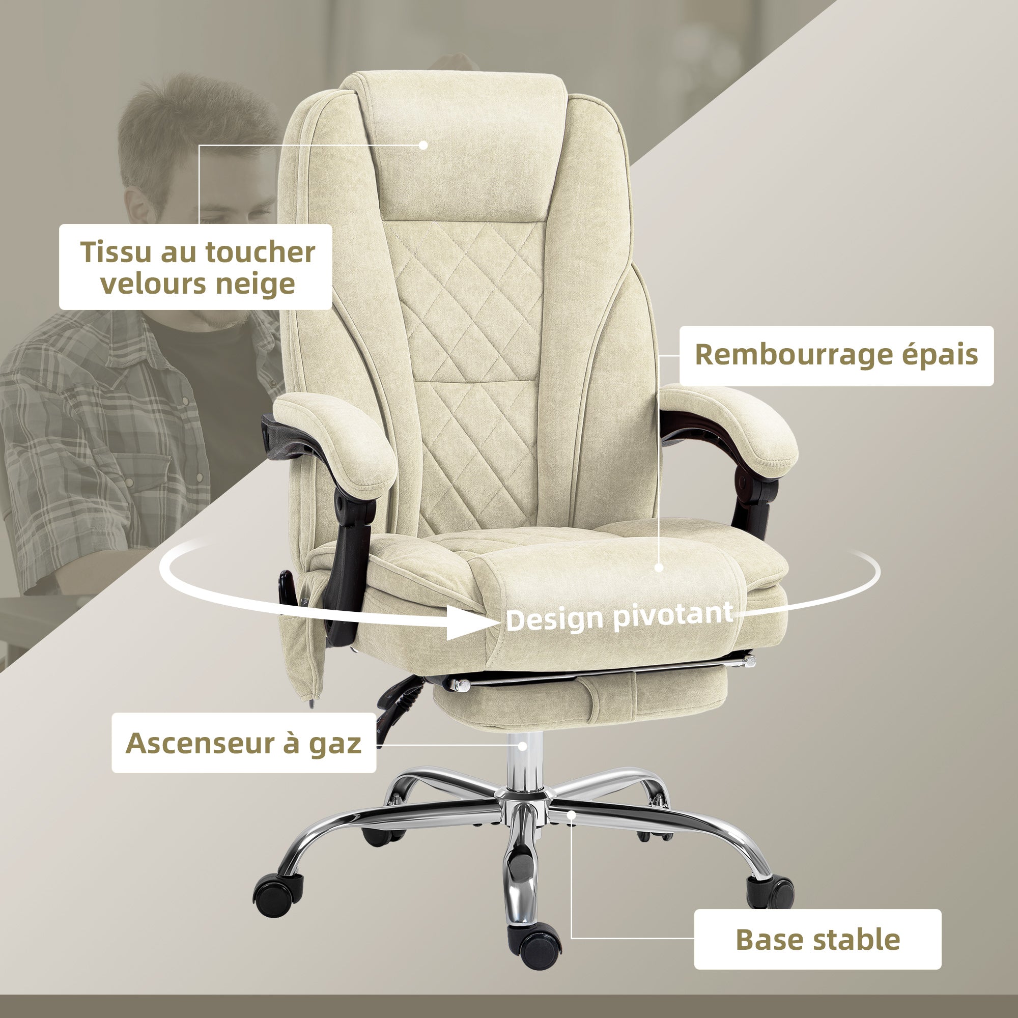 Massage and Heating Office Chair Ergonomic Computer Chair with Adjustable Height Reclining Backrest Wired Remote Retractable Footrest 360° Swivel Beige