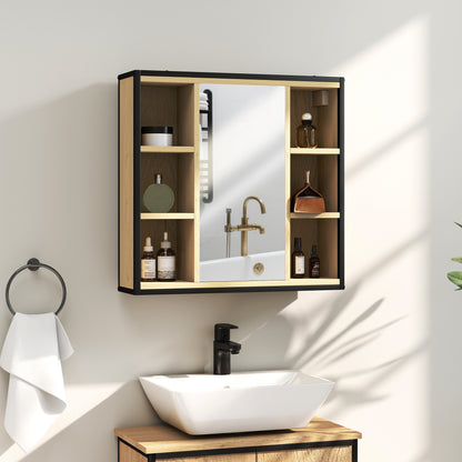 Bathroom Cabinet with Mirror Wall Mounted Bathroom Cabinet with Adjustable Shelf and 6 Open Compartments 23.6x6.3x23 inches Oak