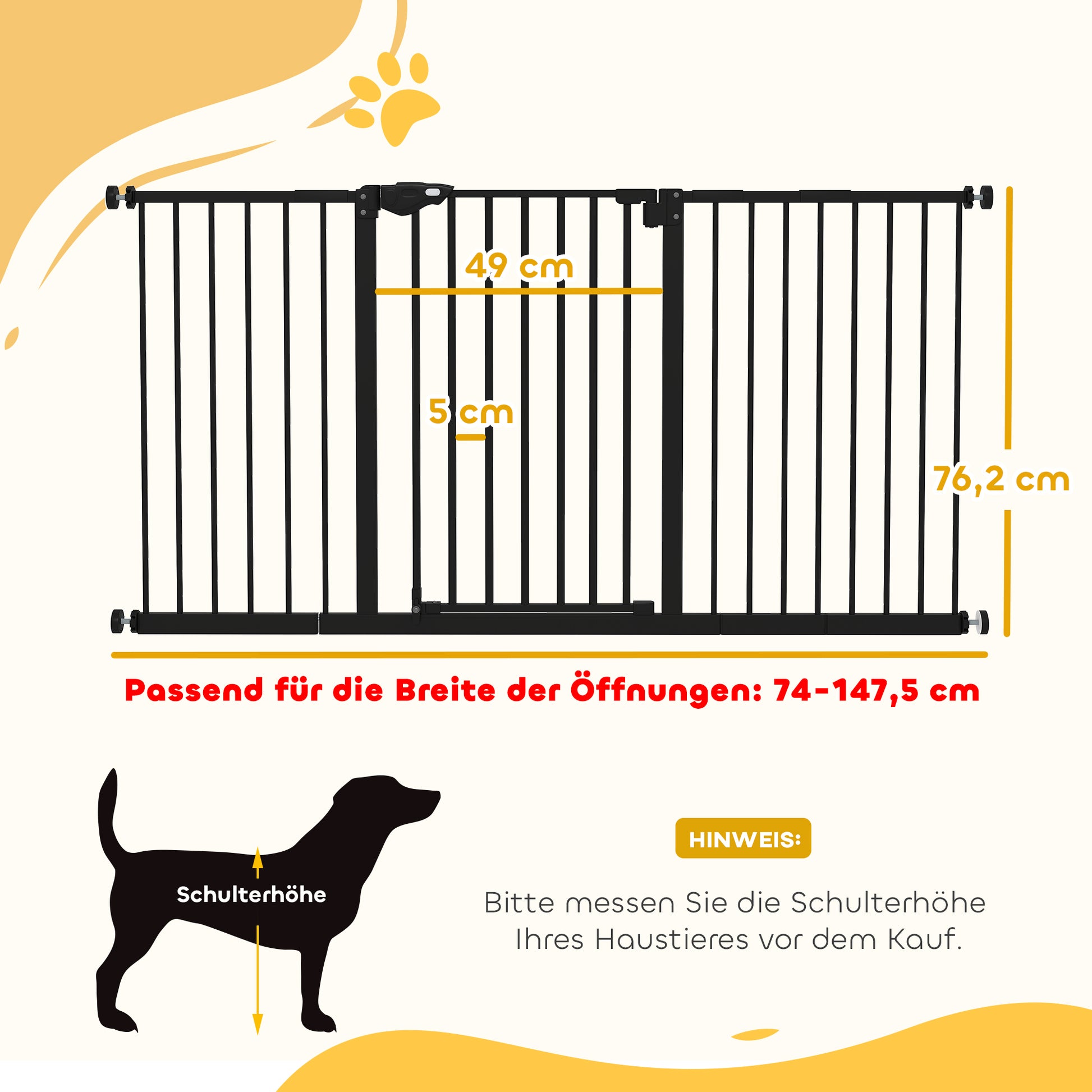 Door Safety Gate Stair Gate with 17.5/20.3/30.5 cm Extension Door Gate without Drilling Stair Gate for Widths 74-147.5 cm Swivelable on Both Sides Metal Black