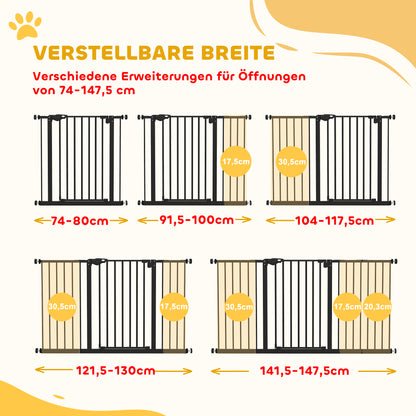 Door Safety Gate Stair Gate with 17.5/20.3/30.5 cm Extension Door Gate without Drilling Stair Gate for Widths 74-147.5 cm Swivelable on Both Sides Metal Black