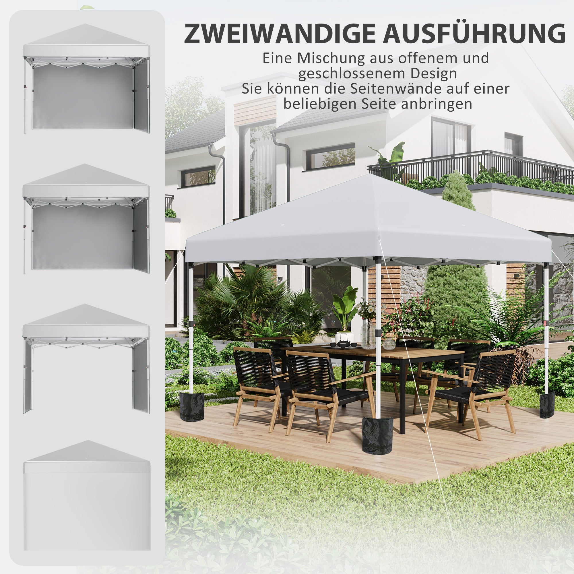 Pavilion approx. 3x3m, water-repellent Stable Winterproof Pop-up Folding Pavilion with 2 Side Walls, UV 30+ Protection, Foldable Party Tent Garden Tent with Bag, Garden Pavilion for Camping, White