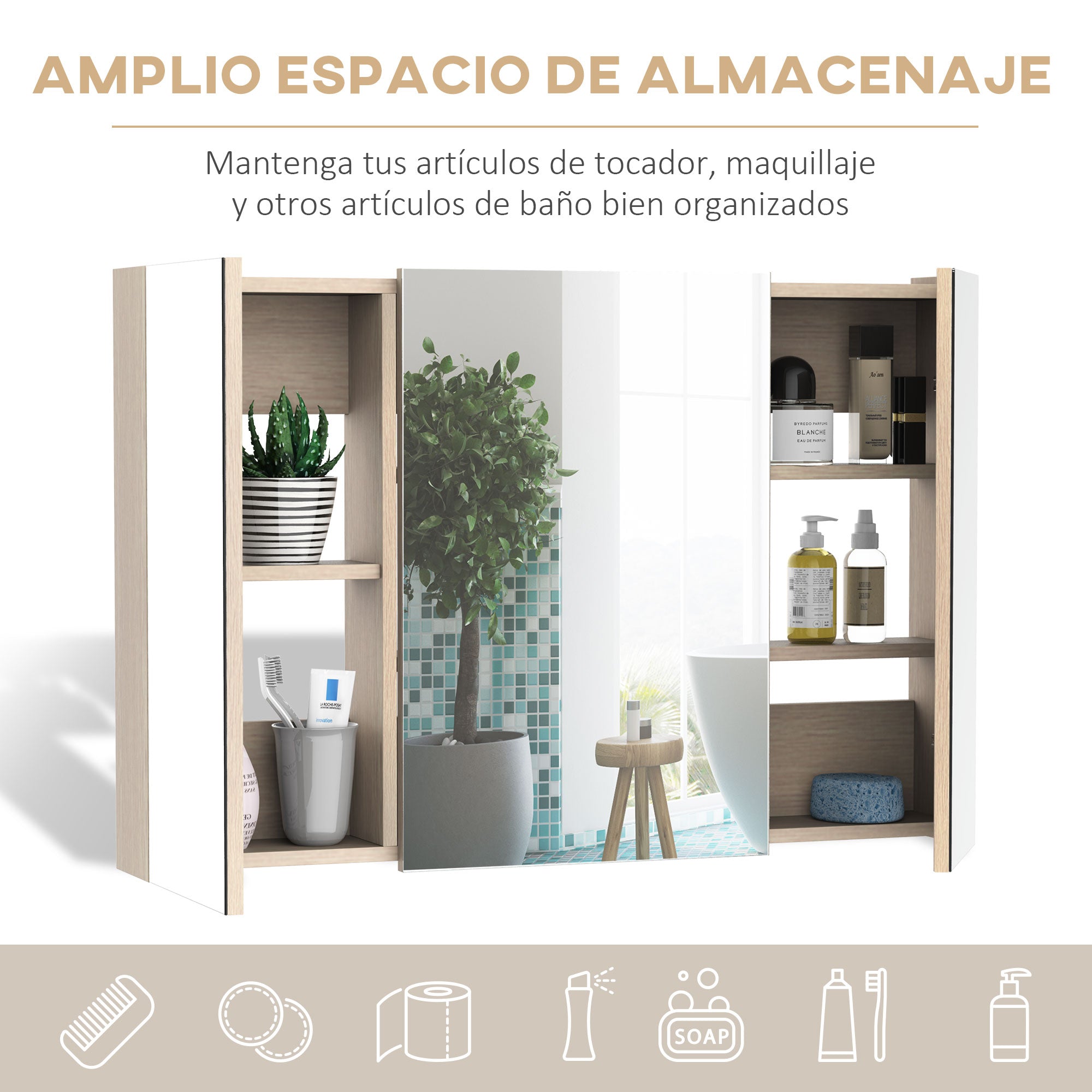 Bathroom Cabinet with Mirror Bathroom Mirror Cabinet with 3 Doors and Adjustable Shelves for Bathroom Bedroom Modern Style 90x60x13.5 cm Oak