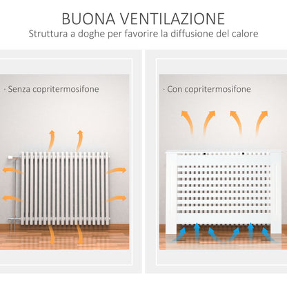 White Wooden Radiator Cover for Radiators, with Slatted Structure and Shelf, 112 x 19 x 81cm