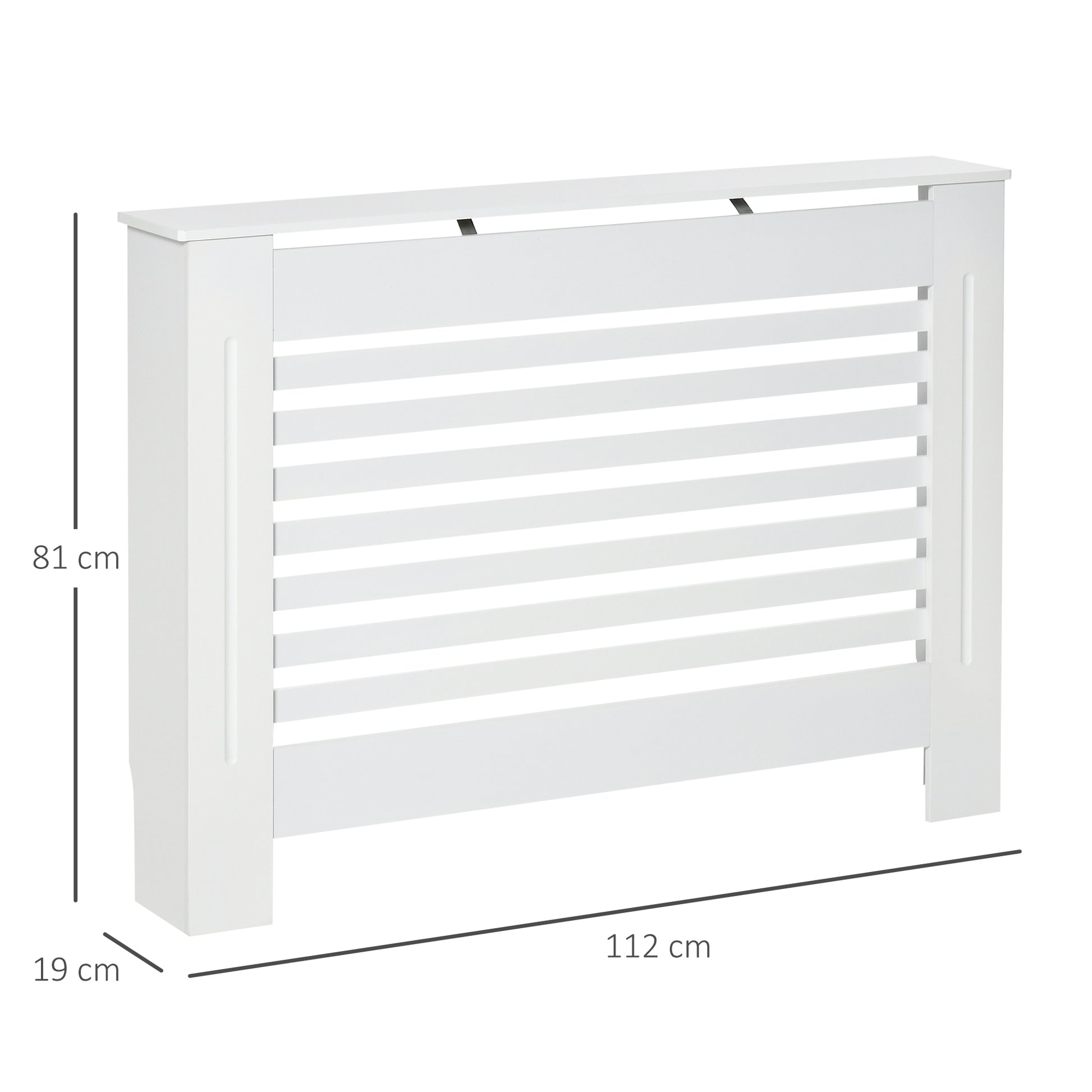 White Wooden Radiator Cover for Radiators, with Slatted Structure and Shelf, 112 x 19 x 81cm