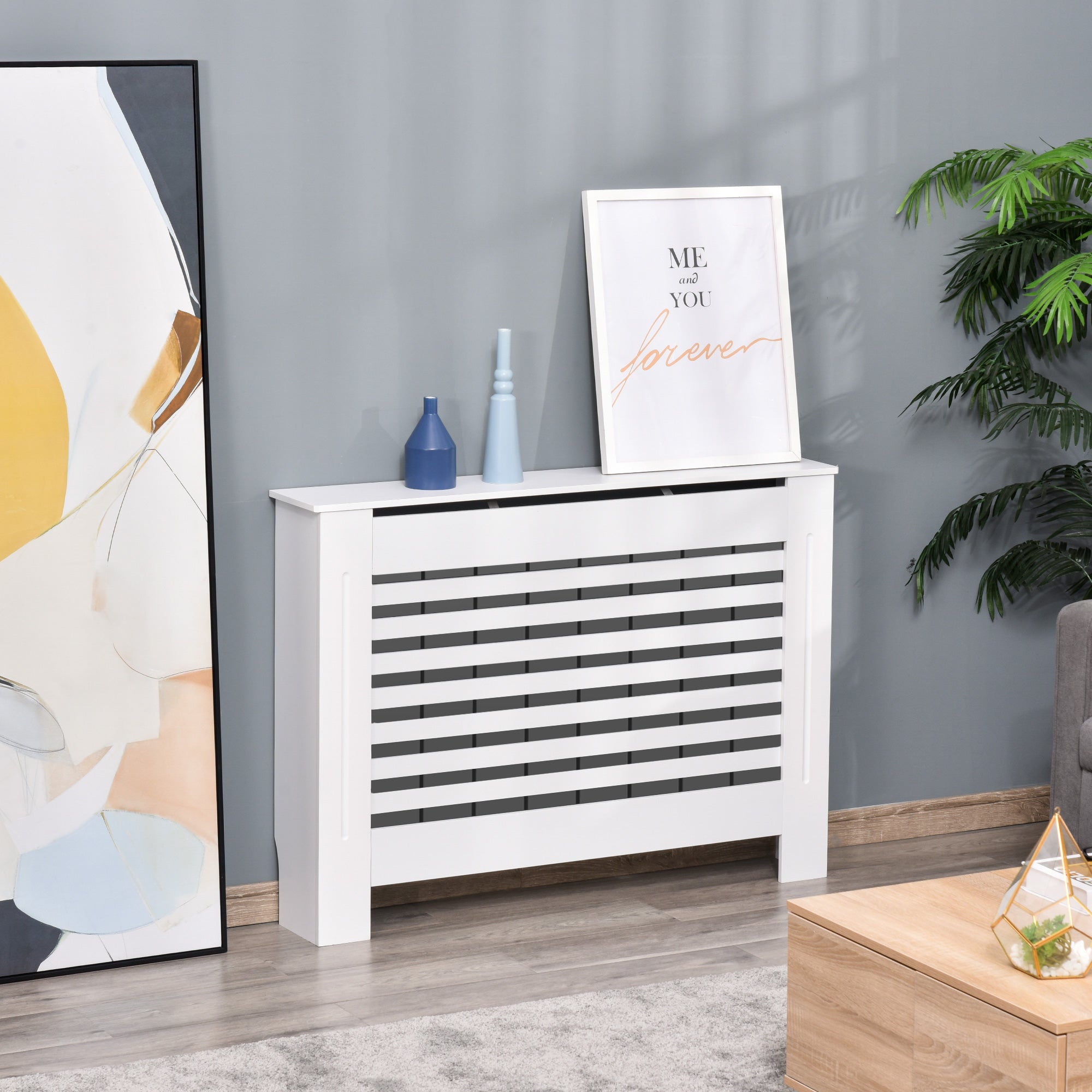 White Wooden Radiator Cover for Radiators, with Slatted Structure and Shelf, 112 x 19 x 81cm