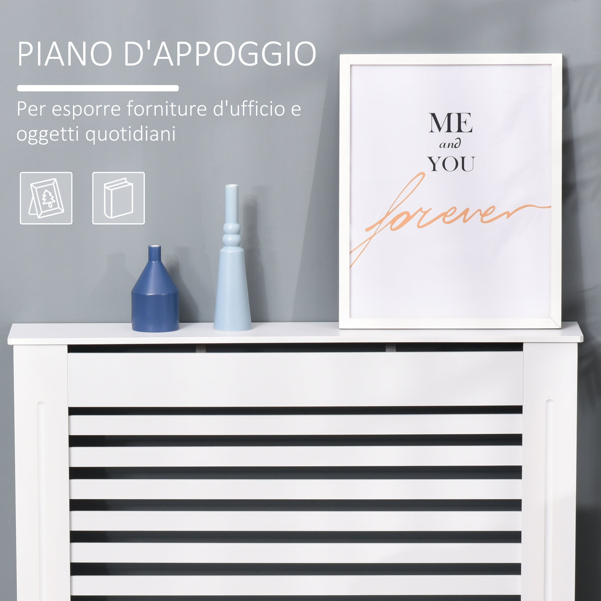 White Wooden Radiator Cover for Radiators, with Slatted Structure and Shelf, 112 x 19 x 81cm