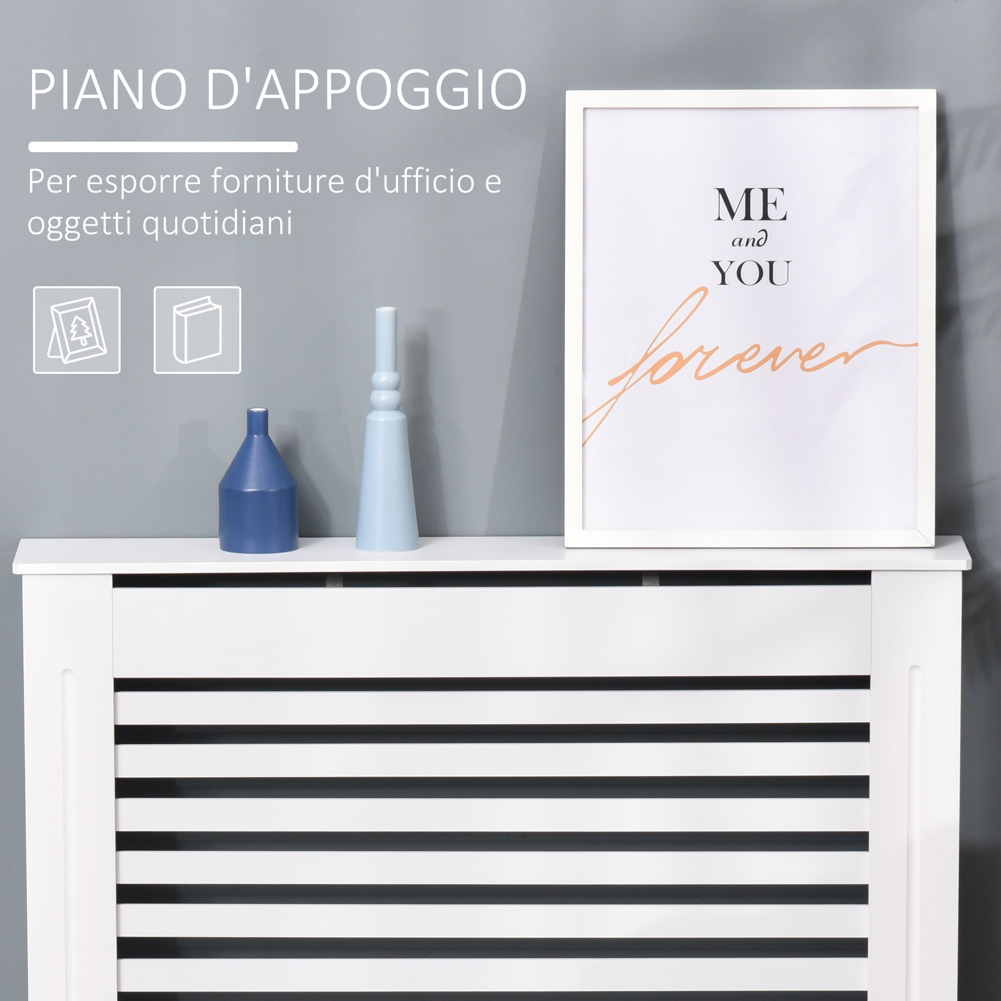 White Wooden Radiator Cover for Radiators, with Slatted Structure and Shelf, 112 x 19 x 81cm