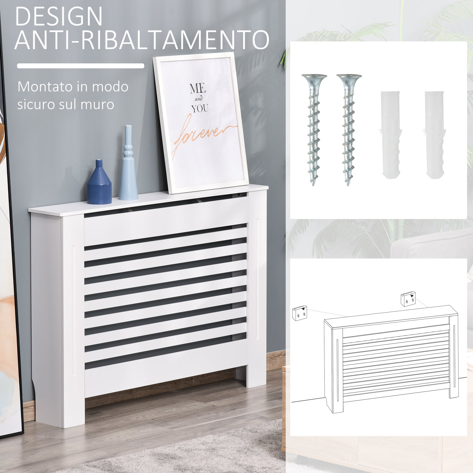 White Wooden Radiator Cover for Radiators, with Slatted Structure and Shelf, 112 x 19 x 81cm