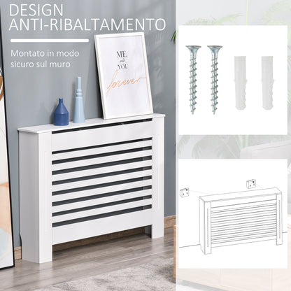 White Wooden Radiator Cover for Radiators, with Slatted Structure and Shelf, 112 x 19 x 81cm