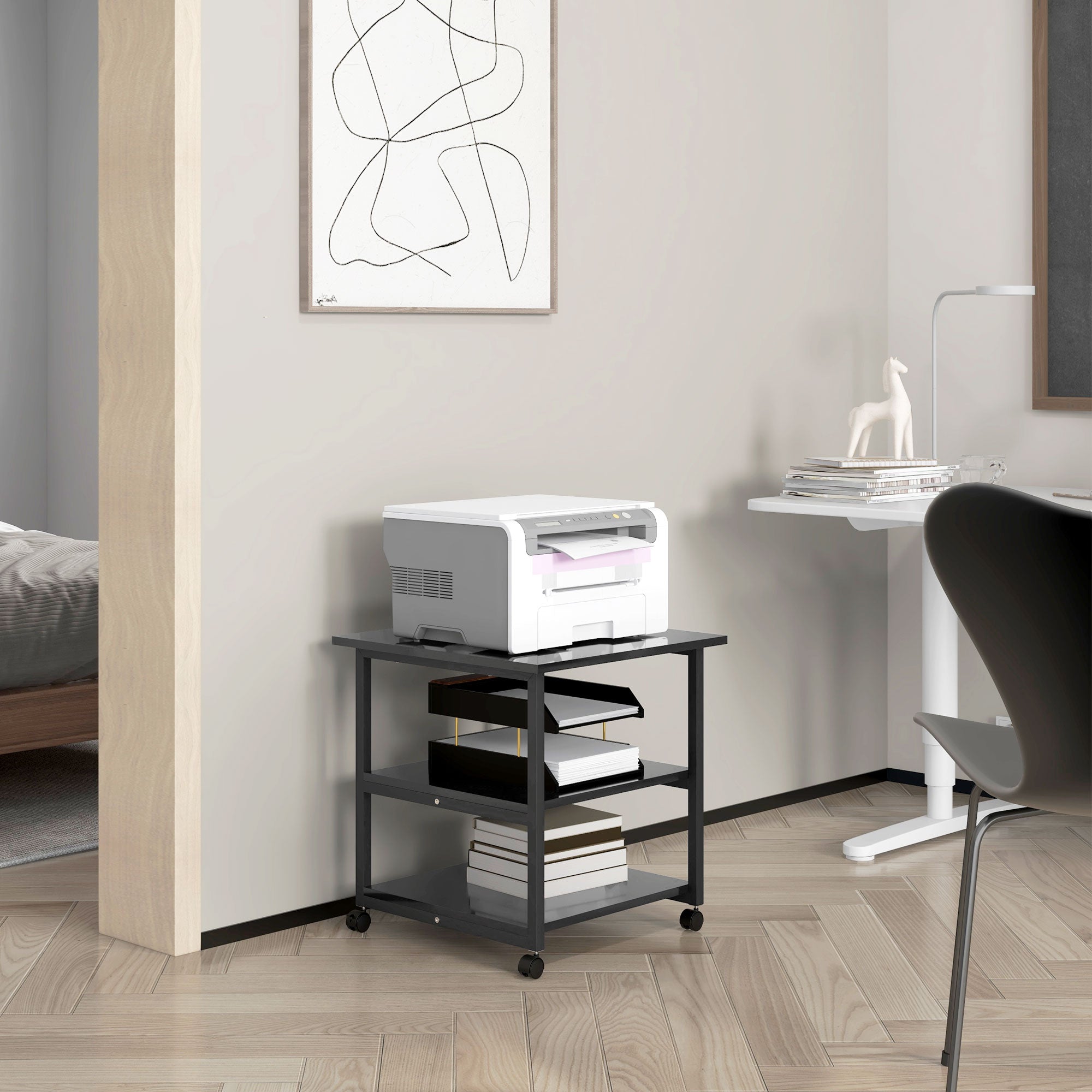 Printer Stand Storage Cart 3 Levels Mobile Shelves on Wheels 50 x 50 x 52.5 cm Black