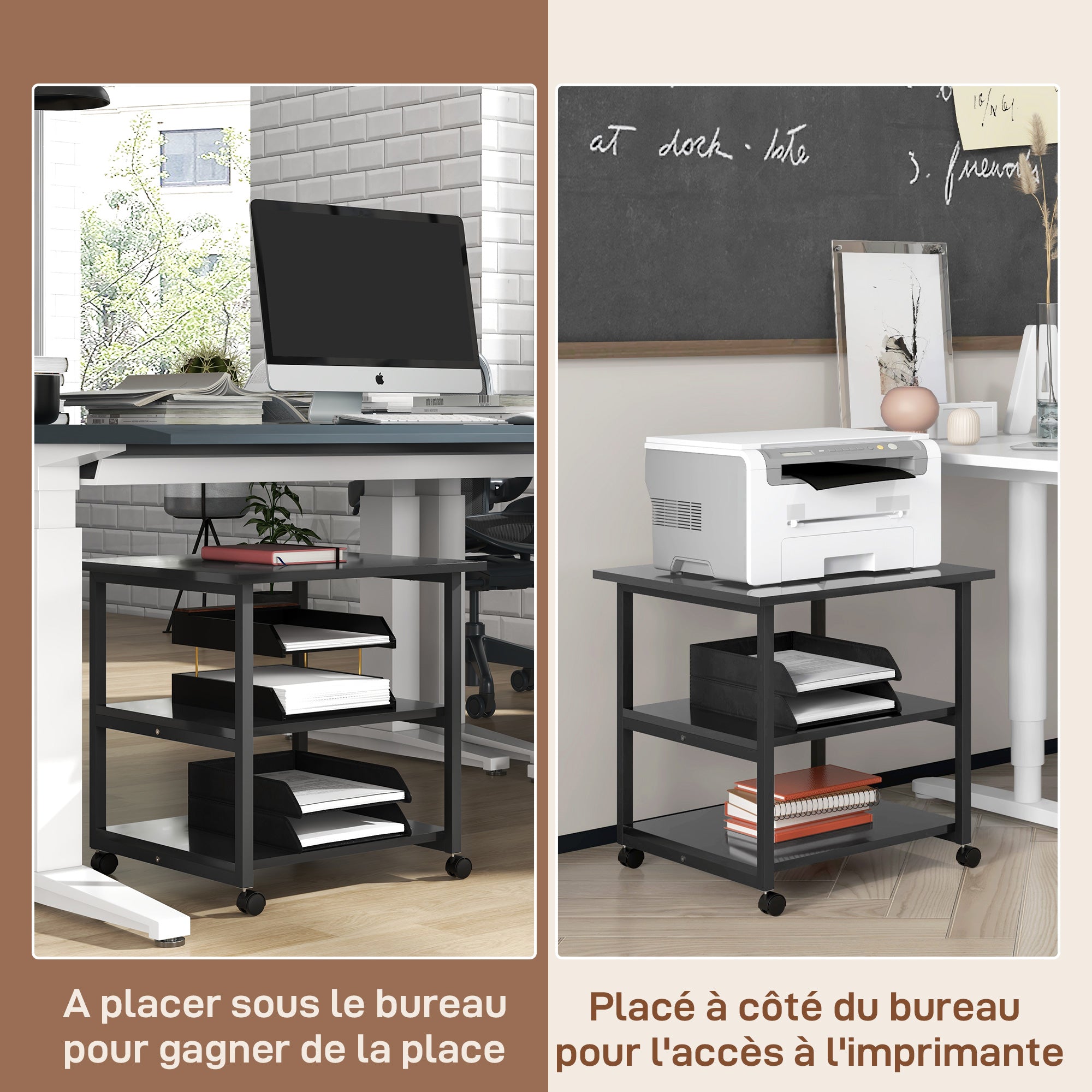 Printer Stand Storage Cart 3 Levels Mobile Shelves on Wheels 50 x 50 x 52.5 cm Black