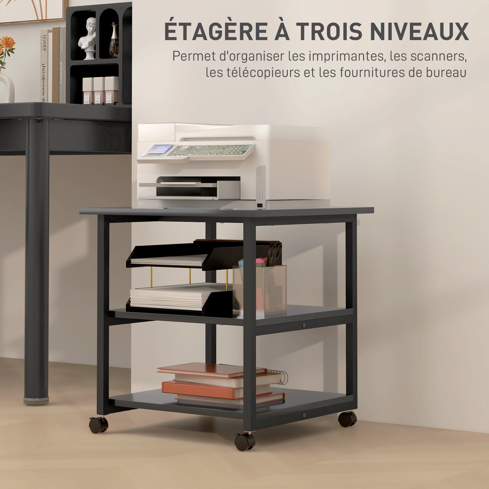 Printer Stand Storage Cart 3 Levels Mobile Shelves on Wheels 50 x 50 x 52.5 cm Black