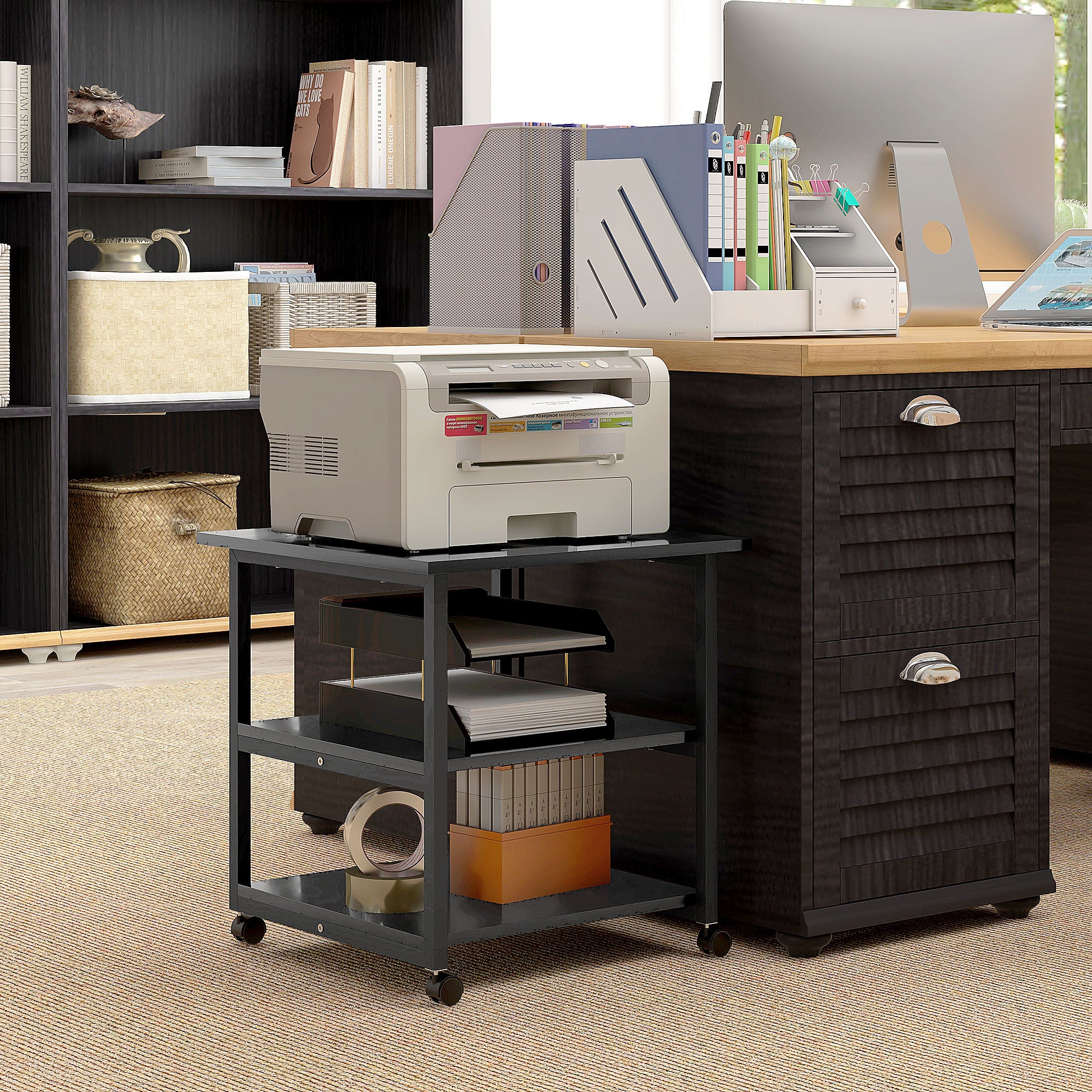 Printer Stand Storage Cart 3 Levels Mobile Shelves on Wheels 50 x 50 x 52.5 cm Black
