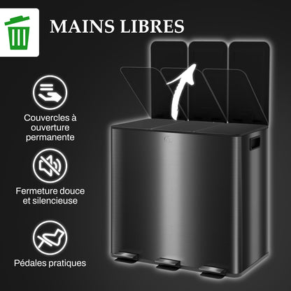 Kitchen Trash Can 45L Stainless Steel Pedal Trash Can with 3 Compartments, Soft-Close Lid, Removable Inner Bins, for Recycling and Waste, 3 x 15L, Black