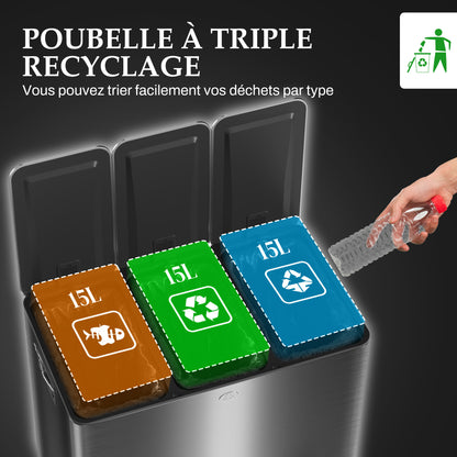 Kitchen Trash Can 45L Stainless Steel Pedal Trash Can with 3 Compartments, Soft-Close Lid, Removable Inner Bins, for Recycling and Waste, 3 x 15L, Black