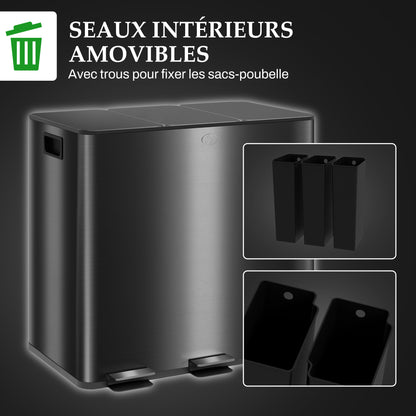 Kitchen Trash Can 45L Stainless Steel Pedal Trash Can with 3 Compartments, Soft-Close Lid, Removable Inner Bins, for Recycling and Waste, 3 x 15L, Black