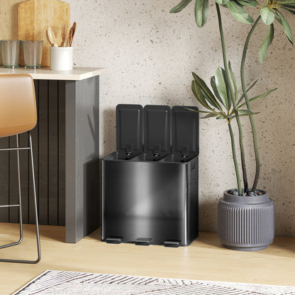 Kitchen Trash Can 45L Stainless Steel Pedal Trash Can with 3 Compartments, Soft-Close Lid, Removable Inner Bins, for Recycling and Waste, 3 x 15L, Black