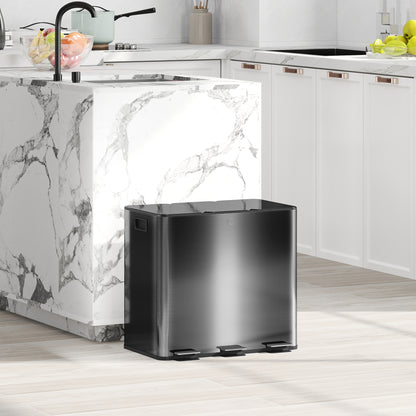 Kitchen Trash Can 45L Stainless Steel Pedal Trash Can with 3 Compartments, Soft-Close Lid, Removable Inner Bins, for Recycling and Waste, 3 x 15L, Black