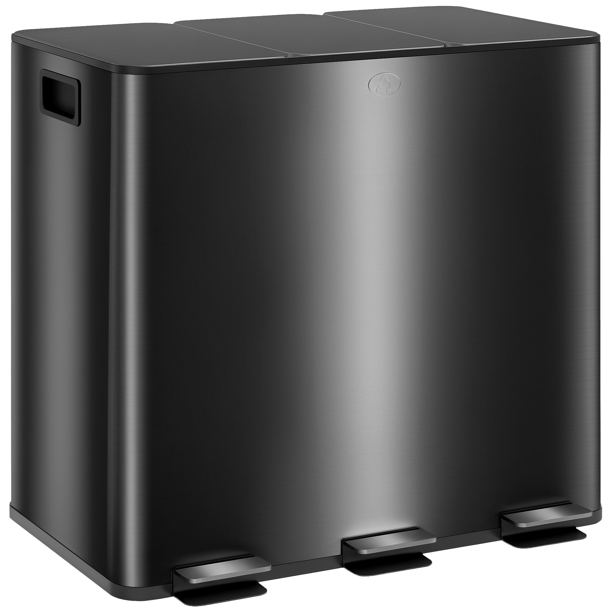 Kitchen Trash Can 45L Stainless Steel Pedal Trash Can with 3 Compartments, Soft-Close Lid, Removable Inner Bins, for Recycling and Waste, 3 x 15L, Black