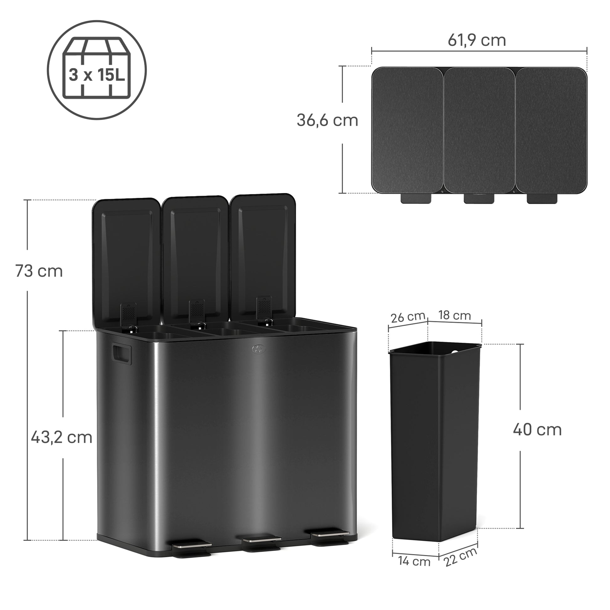 Kitchen Trash Can 45L Stainless Steel Pedal Trash Can with 3 Compartments, Soft-Close Lid, Removable Inner Bins, for Recycling and Waste, 3 x 15L, Black