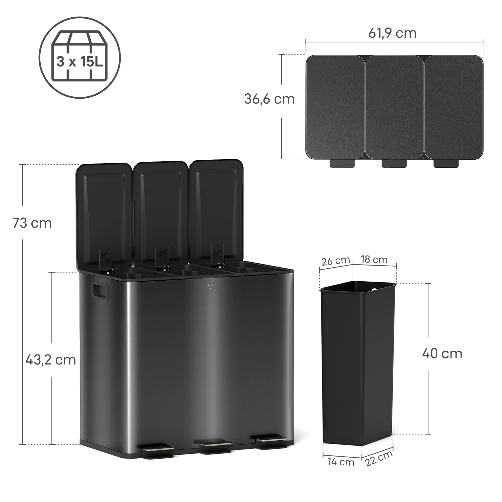 Kitchen Trash Can 45L Stainless Steel Pedal Trash Can with 3 Compartments, Soft-Close Lid, Removable Inner Bins, for Recycling and Waste, 3 x 15L, Black